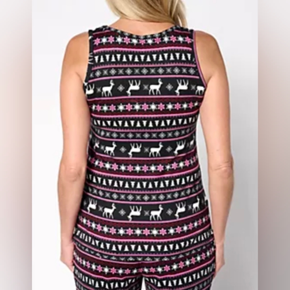 MUK LUKS Black Pink White Dancing Deer Fair Isle Plush Tank Top 1X 16 18 - Picture 2 of 5